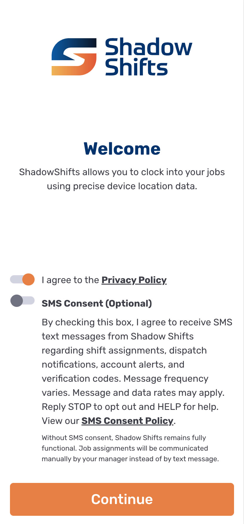 Welcome screen with only the privacy policy toggle checked