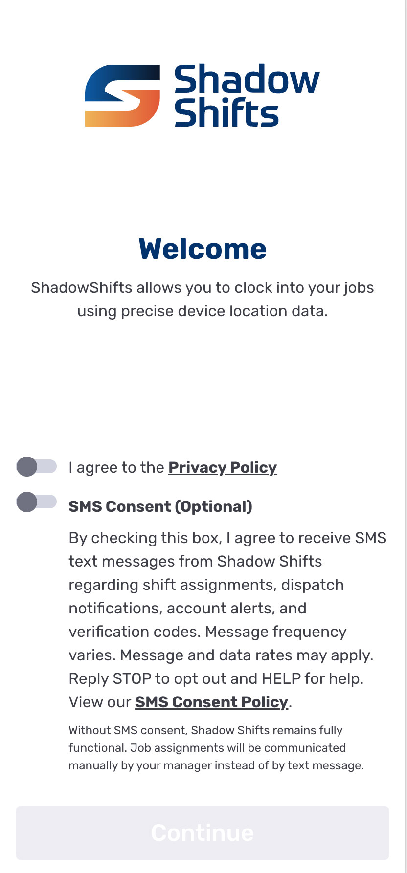 Welcome screen with privacy and SMS consent toggles unchecked